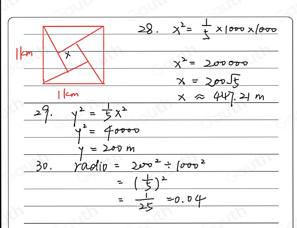 28. x^2= 1/5 * 1000* 1000
lkm
x^2=200000
x=200sqrt(5)
1km
xapprox 447.21m
29. y^2= 1/5 x^2
y^2=40000
y=200m
30. radio =200^2/ 1000^2
=( 1/5 )^2
= 1/25 =0.04