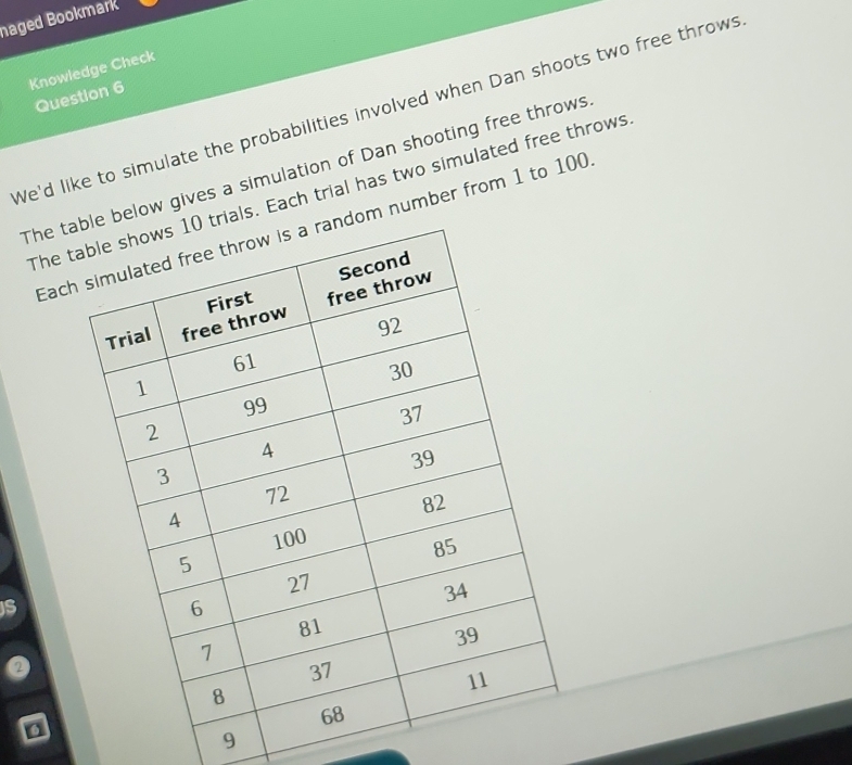 naged Bookmark 
Knowledge Check 
Question 6 
We'd like to simulate the probabilities involved when Dan shoots two free throws 
The tlow gives a simulation of Dan shooting free throws 
The tls. Each trial has two simulated free throws 
Eac number from 1 to 100
s
2
9