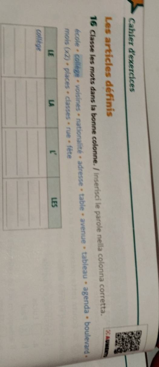 Cahier d'exercices
Les articles définis C A
16 Classe les mots dans la bonne colonne. / inserisci le parole nella colonna corretta.
école « collège + voisines » nationalité » adresse » table » avenue » tableau » agenda » boulevard »
mois * (x2) + places + classes + rue » fête