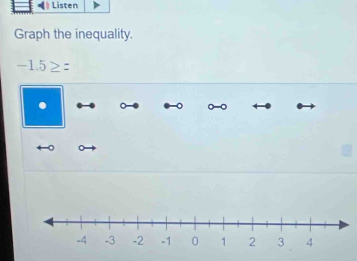 Listen 
Graph the inequality.
-1.5≥ =. 0 -0
。 。