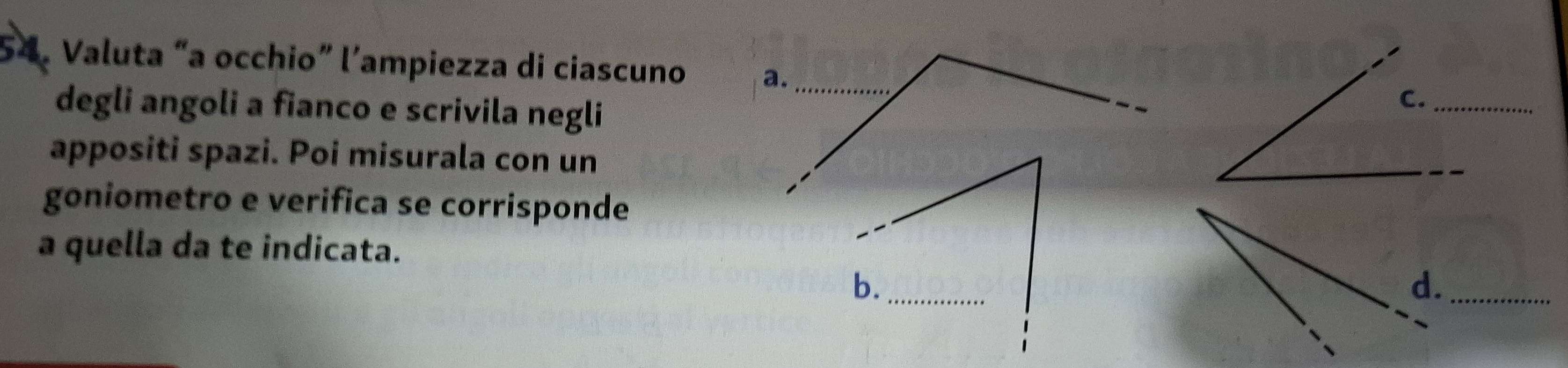 Valuta “a occhio” l’ampiezza di ciascuno a._ 
degli angoli a fianco e scrivila negli
appositi spazi. Poi misurala con un
goniometro e verifica se corrisponde
a quella da te indicata.
b._
d._