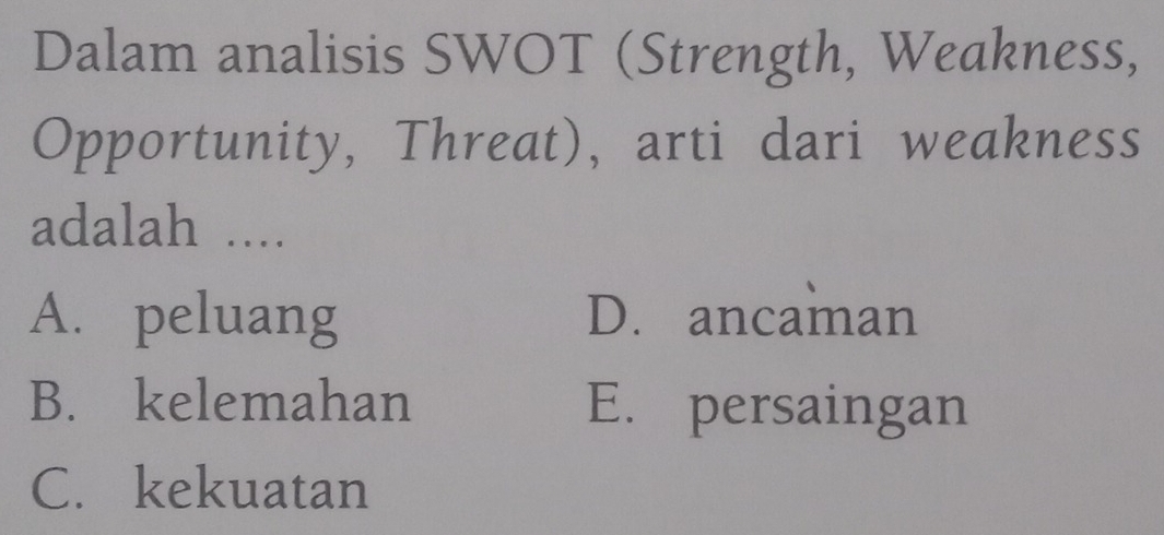 Dalam analisis SWOT (Strength, Weakness,
Opportunity, Threat), arti dari weakness
adalah ....
A. peluang D. ancaman
B. kelemahan E. persaingan
C. kekuatan