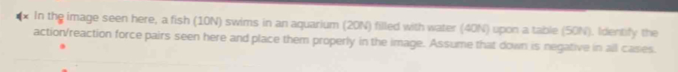 In the image seen here, a fish (10N) swims in an aquarium (20N) filled with water (40N) upon a table (50N). Identify the 
action/reaction force pairs seen here and place them properly in the image. Assume that down is negative in all casies.