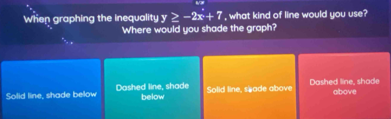 When graphing the inequality y≥ -2x+7 , what kind of line would you use?
Where would you shade the graph?
Dashed line, shade
Solid line, shade below below Solid line, s ade above Dashed line, shade
above