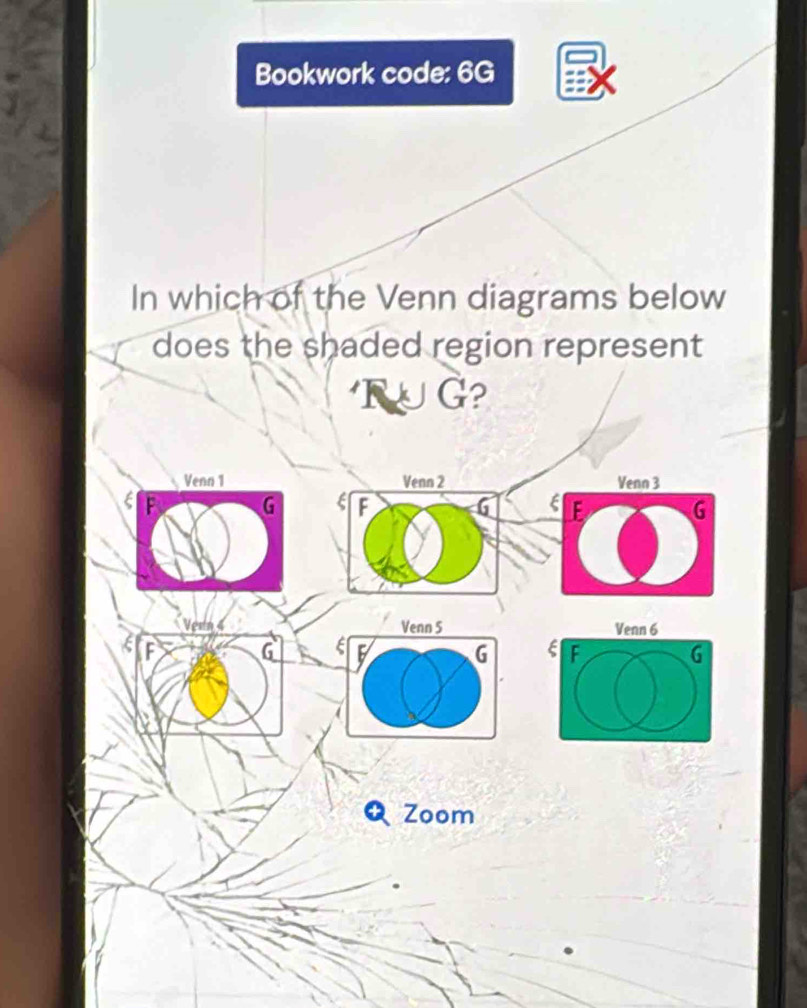 Bookwork code: 6G 
In which of the Venn diagrams below 
does the shaded region represent
G? 
Venn 1 Venn 2
F G ξ F G
Vern 4 Venn 5
F
G
G
Zoom