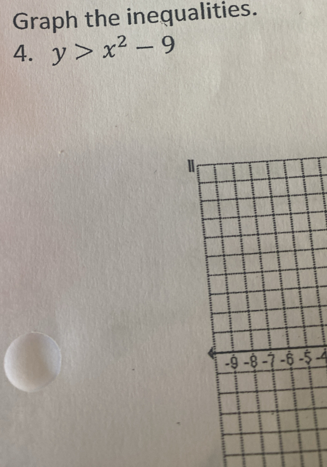 Graph the inequalities. 
4. y>x^2-9
Ⅱ