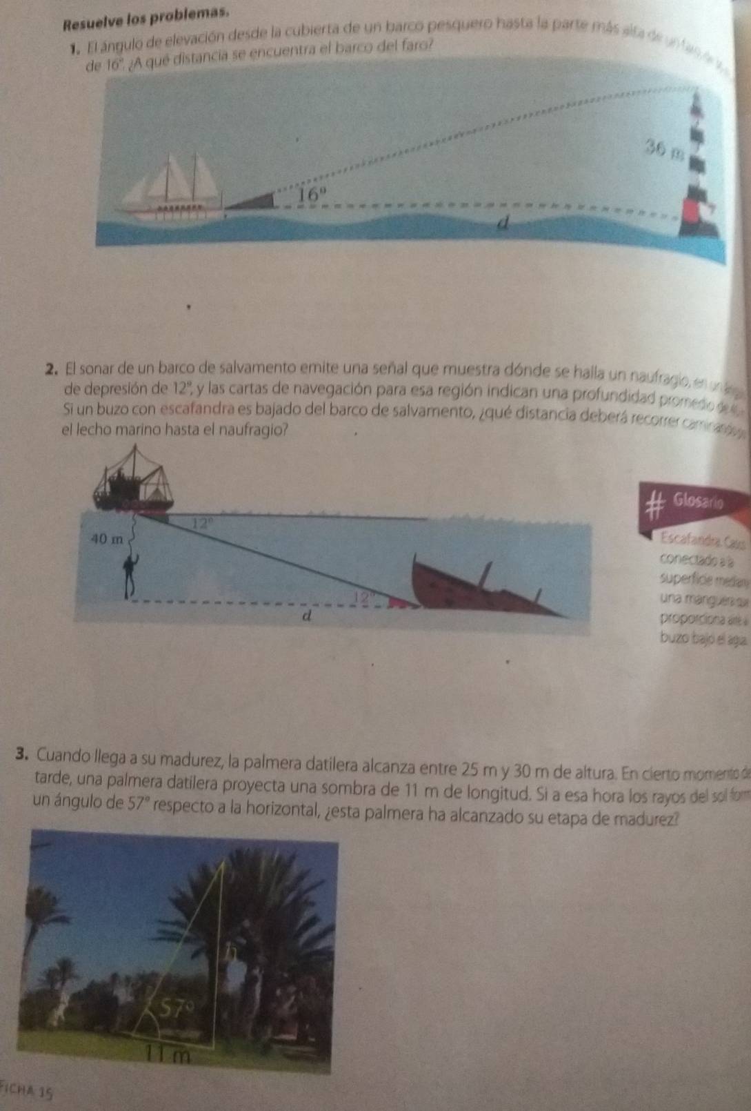 Resuelve los problemas.
aEl ángulo de elevación desde la cubierta de un barco pesquero hasta la parte más alta de un an d
ia se encuentra el barco del faro?
2. El sonar de un barco de salvamento emite una señal que muestra dónde se halla un naufragio, e u d
de depresión de 12° y las cartas de navegación para esa región indican una profundidad promedo d
S un buzo con escafandra es bajado del barco de salvamento, ¿qué distancia deberá recorrer camrnte a
el lecho marino hasta el naufragio?
a Glosario
Escafandra Caus
conectado a àa
superficie mediany
una mángués s
proporciona arté à
buzo bajó el agía
3. Cuando llega a su madurez, la palmera datilera alcanza entre 25 m y 30 m de altura. En cierto momento d
tarde, una palmera datilera proyecta una sombra de 11 m de longitud. Si a esa hora los rayos del sol fom
un ángulo de 57° respecto a la horizontal, ¿esta palmera ha alcanzado su etapa de madurez?
FICHA 1S