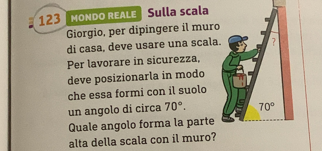 123  MONDO REALE Sulla scala
Giorgio, per dipingere il muro
di casa, deve usare una scala
Per lavorare in sicurezza,
deve posizionarla in modo
che essa formi con il suolo
un angolo di circa 70°.
Quale angolo forma la parte
alta della scala con il muro?