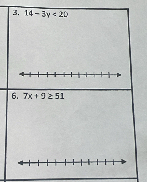 14-3y<20</tex> 
6. 7x+9≥ 51