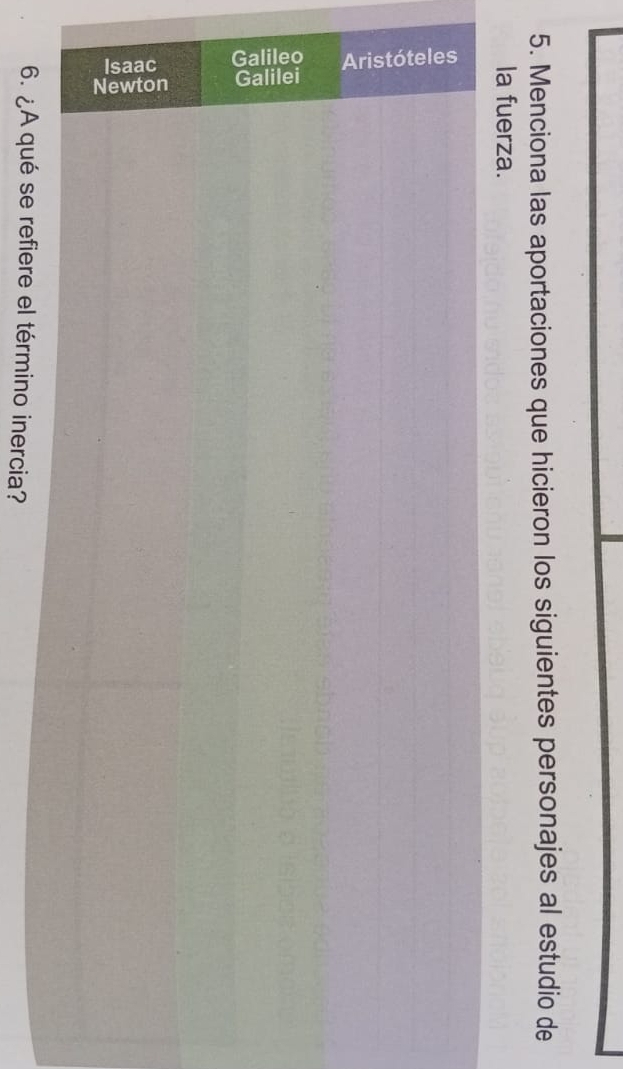 Menciona las aportaciones que hicieron los siguientes personajes al estudio de 
la fuerza. 
= 
: ξ 
6. ¿A qué se refiere el término inercia?