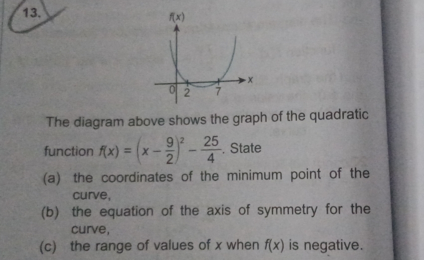 The diagram above shows the graph of the quadratic
function f(x)=(x- 9/2 )^2- 25/4 . State
(a) the coordinates of the minimum point of the
curve,
(b) the equation of the axis of symmetry for the
curve,
(c) the range of values of x when f(x) is negative.