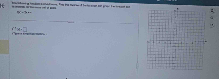 The following function is one-to-one. Find the inverse of the function and graph the function and 
is inverse on the came set of akes.
f(x)=2x+4
f^(-1)(x)=□
(Type a simplified fraction.)