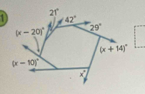 21°
42°
(x-20)^circ 
29°
(x+14)^circ 
(x-10)^circ 
x°