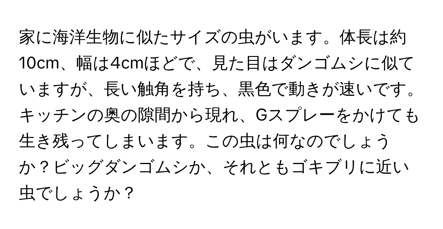 家に海洋生物に似たサイズの虫がいます。体長は約10cm、幅は4cmほどで、見た目はダンゴムシに似ていますが、長い触角を持ち、黒色で動きが速いです。キッチンの奥の隙間から現れ、Gスプレーをかけても生き残ってしまいます。この虫は何なのでしょうか？ビッグダンゴムシか、それともゴキブリに近い虫でしょうか？