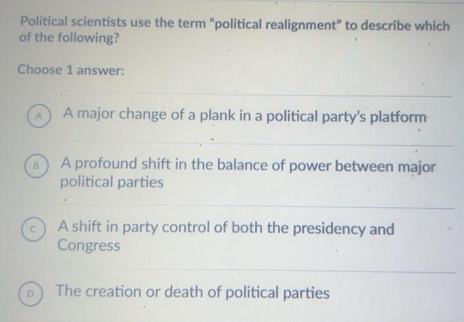 Solved: Political scientists use the term “political realignment” to ...