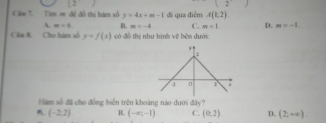 2
2
Cầm 7. Tìm m đề đồ thị hàm số y=4x+m-1 đi qua điểm A(1;2).
A. m=6. B. m=-4. C. m=1. D. m=-1. 
Câu 8. Cho hàm số y=f(x) có đồ thị như hình vẽ bên dưới:
Hàm số đã cho đồng biến trên khoảng nào dưới đây?
(-2;2)
B. (-∈fty ;-1). C. (0;2). D. (2;+∈fty ).