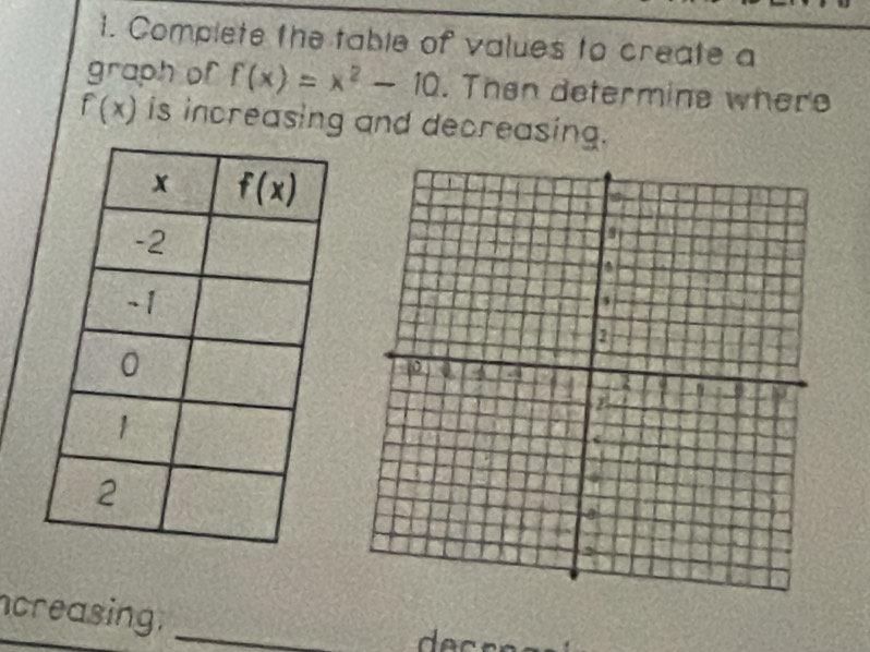 Complete the table of values to create a
graph of f(x)=x^2-10. Then determins where
f(x) is increasing and decreasing.
ncreasing._