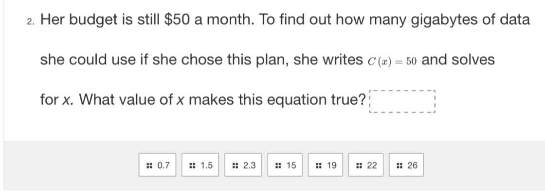 Her budget is still $50 a month. To find out how many gigabytes of data 
she could use if she chose this plan, she writes C(x)=50 and solves 
for x. What value of x makes this equation true? □
0.7 - - 1.5 :: 2.3 :: 15 :: 19 :: 22 :: 26