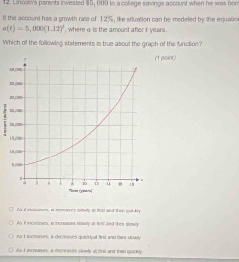 Lincoln's parents invested $5, 000 in a college savings account when he was bon
If the account has a growth rate of 12%, the situation can be modeled by the equatior
a(t)=5,000(1.12)^t , where a is the amount after t years.
Which of the following statements is true about the graph of the function?
point)
:
As t increases, a increases slowly at first and then quickly
As if increases, a increases slowly at first and then slowly
As ir increases; a decreases quicklyat first and then slowly
As t increases, a decreases slowly at first and then quickly