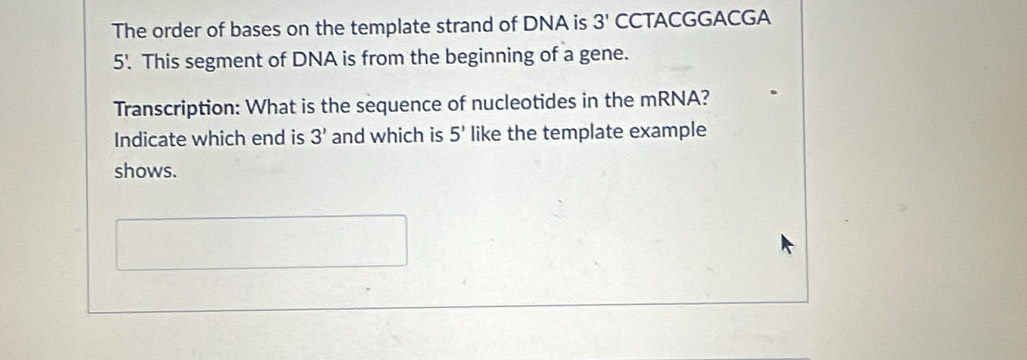 The order of bases on the template strand of DNA is 3' CCTACGGACGA
5'. This segment of DNA is from the beginning of a gene. 
Transcription: What is the sequence of nucleotides in the mRNA? 
Indicate which end is 3' and which is 5' like the template example 
shows.