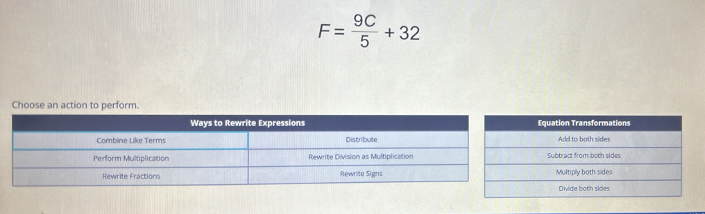 F= 9C/5 +32
Choose an action to perform.