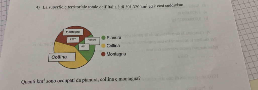 La superficie territoriale totale dell’Italia è di 301.320km^2 ed è così suddivisa:
Quanti km^2 sono occupati da pianura, collina e montagna?