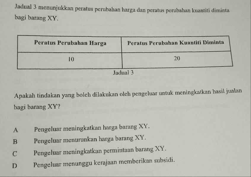 Jadual 3 menunjukkan peratus perubahan harga dan peratus perubahan kuantiti diminta
bagi barang XY.
Apakah tindakan yang boleh dilakukan oleh pengeluar untuk meningkatkan hasil jualan
bagi barang XY?
A Pengeluar meningkatkan harga barang XY.
B Pengeluar menurunkan harga barang XY.
C Pengeluar meningkatkan permintaan barang XY.
DPengeluar menunggu kerajaan memberikan subsidi.