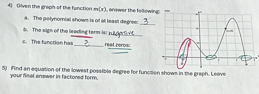 Given the graph of the function m(x) , answer the followin 
a. The polynomial shown is of at least degree:_ 
_ 
b. The sign of the leading term is: 
c. The function has_ real zeros: 
5) Find an equation of the lowest possible degree for function shown in the graph. Leave 
your final answer in factored form.