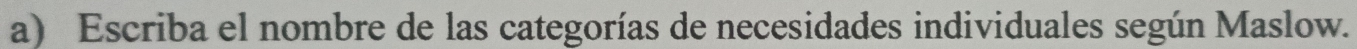 Escriba el nombre de las categorías de necesidades individuales según Maslow.