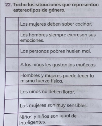 Tacha las situaciones que representan 
estereotipos de género. 
. 
inteligentes.