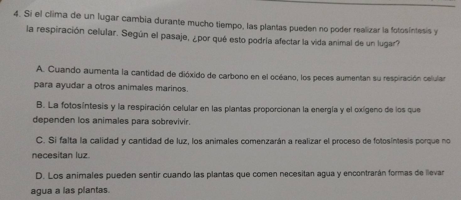 Si el clima de un lugar cambia durante mucho tiempo, las plantas pueden no poder realizar la fotosíntesis y
la respiración celular. Según el pasaje, ¿por qué esto podría afectar la vida animal de un lugar?
A. Cuando aumenta la cantidad de dióxido de carbono en el océano, los peces aumentan su respiración celular
para ayudar a otros animales marinos.
B. La fotosíntesis y la respiración celular en las plantas proporcionan la energía y el oxígeno de los que
dependen los animales para sobrevivir.
C. Si falta la calidad y cantidad de luz, los animales comenzarán a realizar el proceso de fotosíntesis porque no
necesitan luz.
D. Los animales pueden sentir cuando las plantas que comen necesitan agua y encontrarán formas de llevar
agua a las plantas.