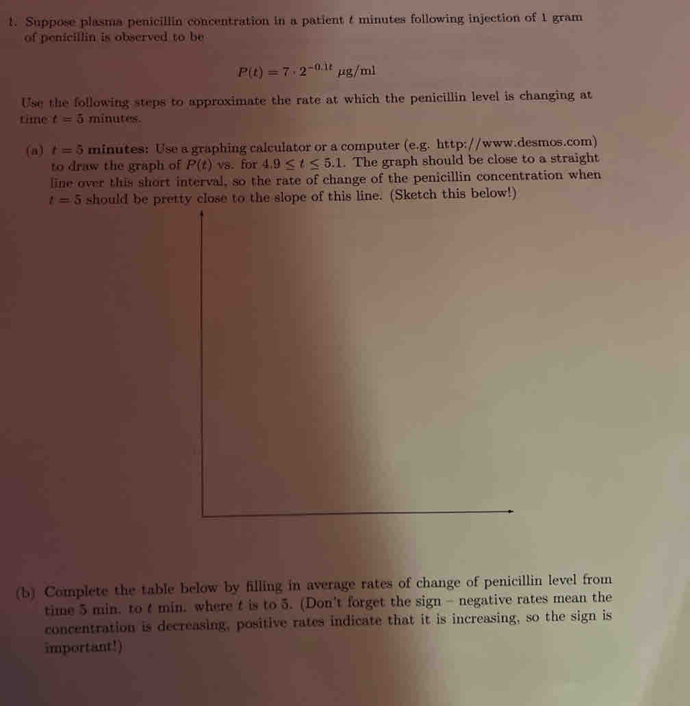 Suppose plasma penicillin concentration in a patient t minutes following injection of 1 gram
of penicillin is observed to be
P(t)=7· 2^(-0.1t)mu g/ml
Use the following steps to approximate the rate at which the penicillin level is changing at 
time t=5 minutes. 
(a) t=5 minutes : Use a graphing calculator or a computer (e.g. http://www.desmos.com) 
to draw the graph of P(t) V s. for 4.9≤ t≤ 5.1. The graph should be close to a straight 
line over this short interval, so the rate of change of the penicillin concentration when
t=5 should be pretty close to the slope of this line. (Sketch this below!) 
(b) Complete the table below by filling in average rates of change of penicillin level from 
time 5 min. to t min. where t is to 5. (Don't forget the sign - negative rates mean the 
concentration is decreasing, positive rates indicate that it is increasing, so the sign is 
important!)