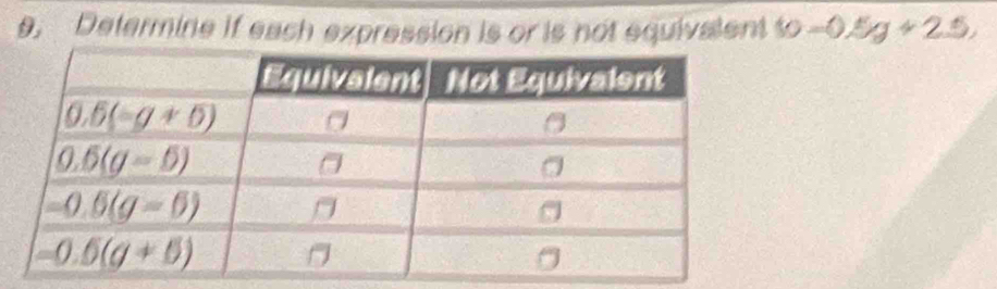 Determine if each expression is or is not equivalent to-0.5g+2.5,