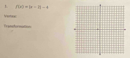 f(x)=|x-2|-4
Vertex: 
Transformation: