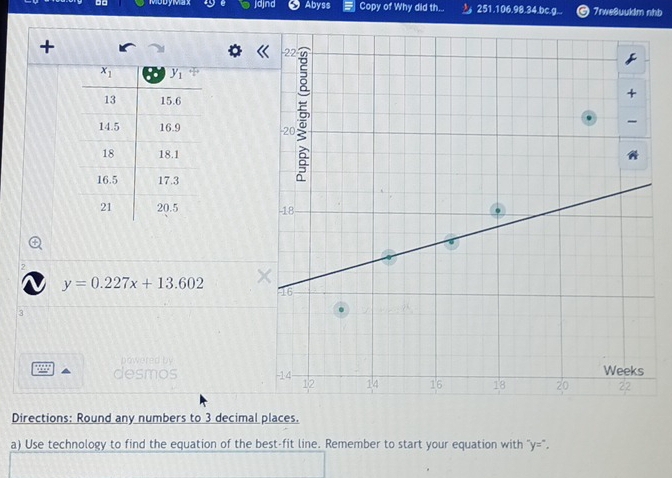 □□ MobyMax jdjnd Abyss Copy of Why did th... a 251,106,98 ± 4 bc.g..  7rwe8uukdm nhb
+
 
 
2
y=0.227x+13.602
3
powered by
y desmos 
Directions: Round any numbers to 3 decimal places.
a) Use technology to find the equation of the best-fit line. Remember to start your equation with ''y=''.