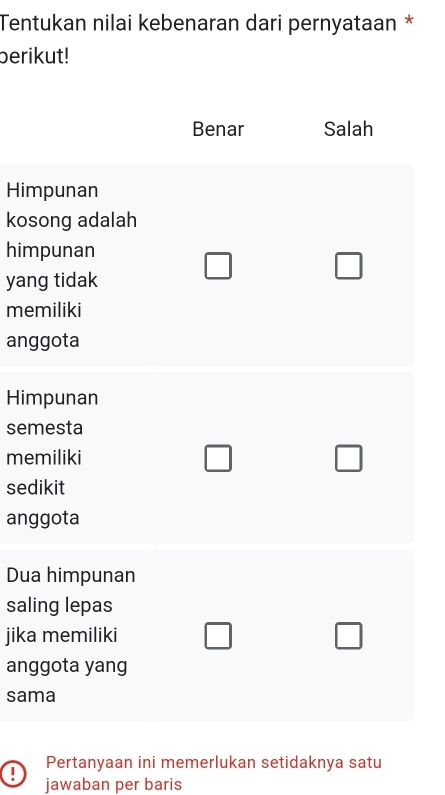 Tentukan nilai kebenaran dari pernyataan *
berikut!
Benar Salah
Himpunan
kosong adalah
himpunan
yang tidak
□ □ 
memiliki
anggota
Himpunan
semesta
memiliki
□ □ 
sedikit
anggota
Dua himpunan
saling lepas
jika memiliki □ □
anggota yang
sama
Pertanyaan ini memerlukan setidaknya satu
jawaban per baris