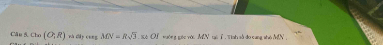 Cho (O;R) và dây cung MN=Rsqrt(3). Kê OI vuông góc với MN tại I. Tính số đo cung nhỏ MN.