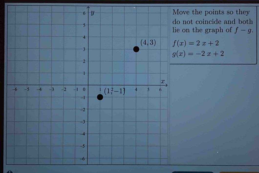 ve the points so they
not coincide and both
on the graph of f-g.
f(x)=2x+2
g(x)=-2x+2