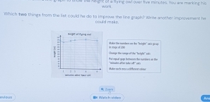 show the he ght of a flying owl over five minutes. You are marking his 
work 
Which two things from the list could he do to improve the line graph? Wite another improvement he 
could make 
maight of fying mot 
ihaka-he-numbers wn the "Ineight" sais jslru) 
Chage the tamges he ''bright'' 90 En moroe of 2oo
Polinquel gope hctwen the numbers in the "iimle aflier take off" res 
1 z 1 . . ialar e acle me in diffement eolour 
yho 
evious Wetch video 
Arn