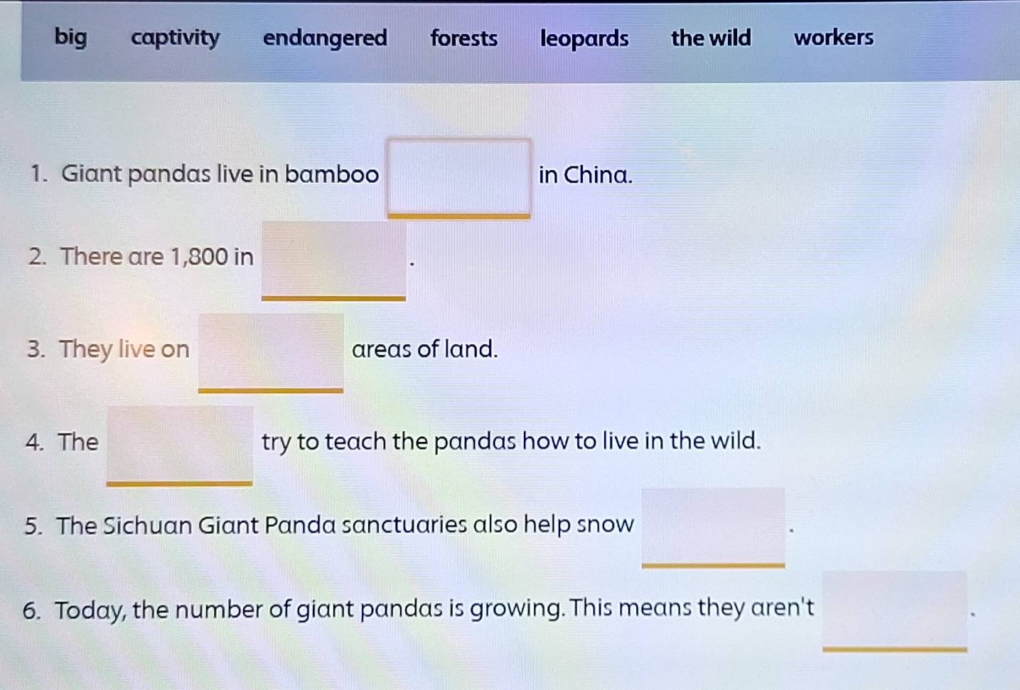 big captivity endangered forests leopards the wild workers
1. Giant pandas live in bamboo □ in China.
2. There are 1,800 in
□ 
3. They live on _ □  □ areas of land.
4. The try to teach the pandas how to live in the wild.
5. The Sichuan Giant Panda sanctuaries also help snow
6. Today, the number of giant pandas is growing. This means they aren't _ .