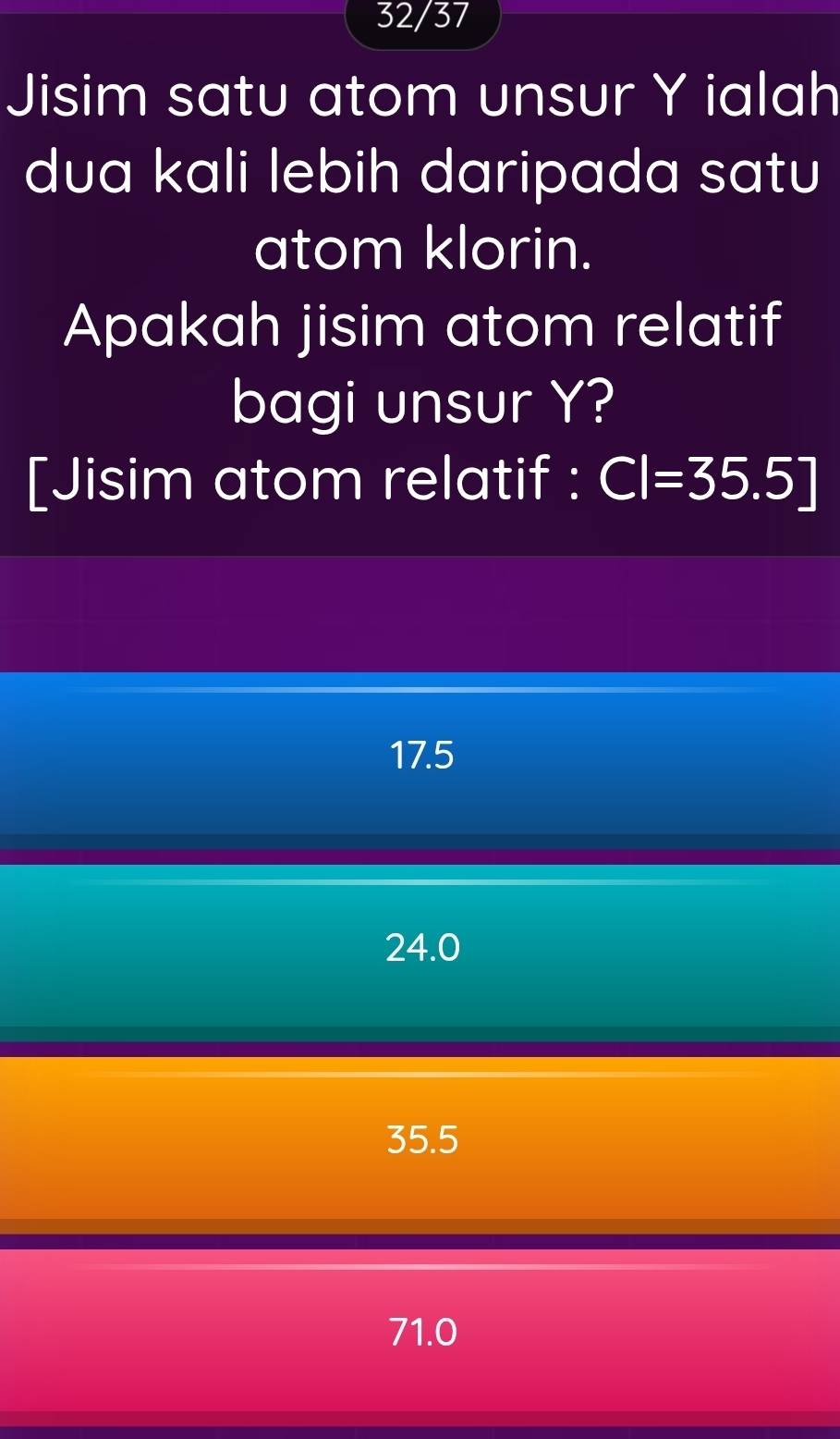 32/37
Jisim satu atom unsur Y ialah
dua kali lebih daripada satu
atom klorin.
Apakah jisim atom relatif
bagi unsur Y?
[Jisim atom relatif : Cl=35.5]
17.5
24.0
35.5
71.0