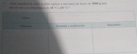 ¿Qué cantidad de calor se debe aplicar a una barra de hierro de 5000 g para 
que se eleve su temperatura de 18°C z 65°C.?