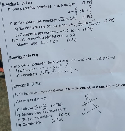 Comparer les nombres a et b tel que: (1 Pt)
a= 2/7 ; b= 3/5 
2) a) Comparer les nombres sqrt(22) et 2sqrt(5). (1 Pt) 
b) En déduire une comparaison de  (-3)/15+sqrt(22)  et  (-3)/15+2sqrt(5) . (1 Pt 
c) Comparer les nombres -2sqrt(7) et −6. (1 Pt) 
3) x est un nombre réel tel que ; x≤ 2
Montrer que : 2x+3≤ 7. (1 Pt) 
Exercice 2 : (9 Pts)
x et y deux nombres réels tels que : 2≤ x≤ 5 et -4≤ y≤ -3
1) Encadrer : sqrt(x^2+y^2); x-y;  x/y ; xy -x; x+y; x^2; y^2
2) Encadrer: 
Exercice 3 : (6 Pts) 
Sur la figure ci-contre, on donne : AB=16cm, AC=8cm, BC=10cm
AM=4 et AN=2. 
A 
1)- Calculer  AN/AC  et  AM/AB  (2 Pts) 
2)- Montrer que les droites (MN) C
et (BC) sont parallèles. (2 Pts) 
3)- Calculer MN. (2 Pts)