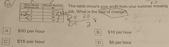 11The table show's your profit from your summer mowing
job. What is the rate of change?
A $20 per hour B $10 per hour
C $15 per hour D $5 per hour
