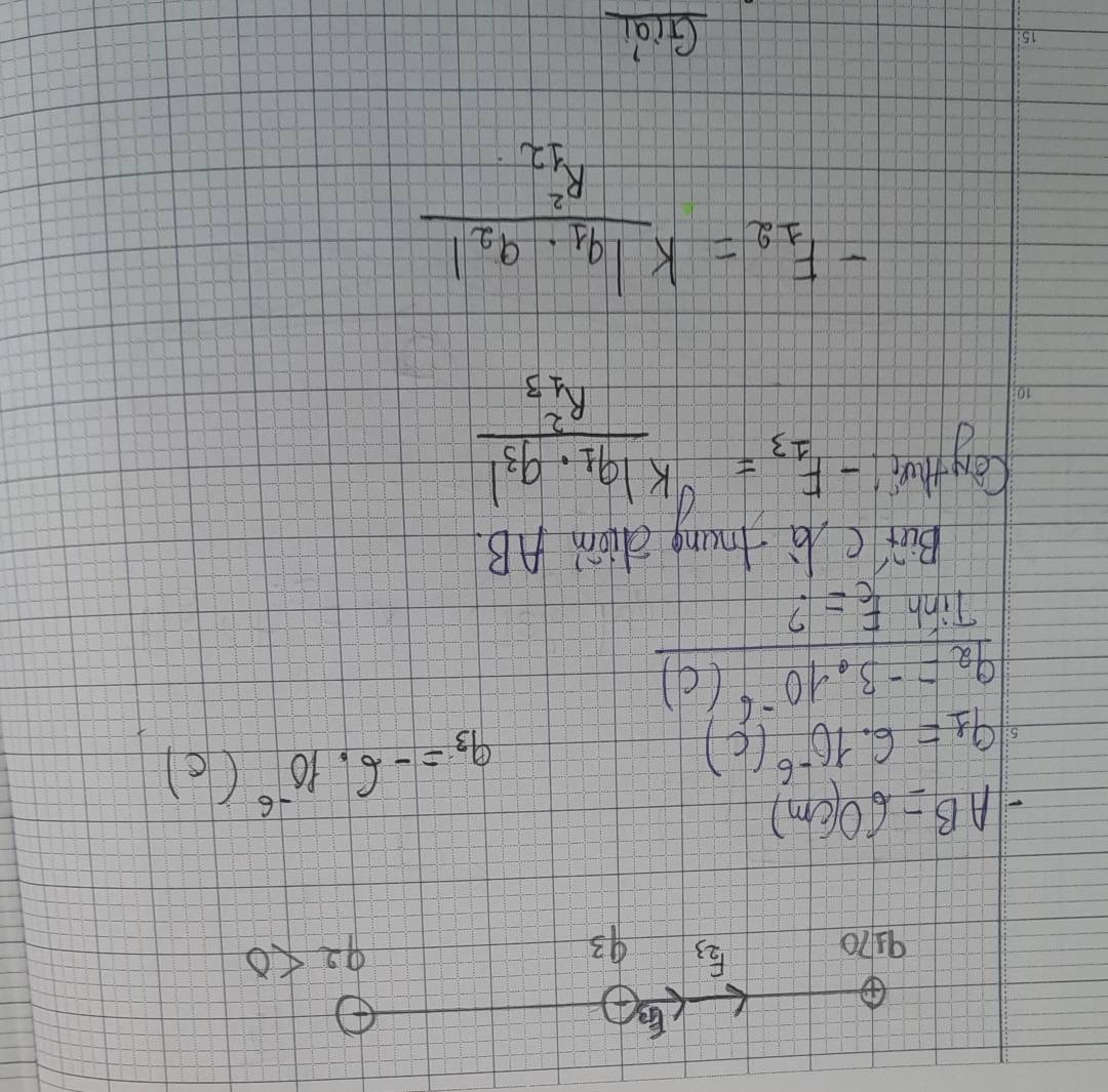 Eg 
④
F_23
9170 93
92<0</tex>
-AB=60(cm)
9_1=6.10^(-6)(c)
q_3=-6.10^(-6)(c)
q_2=-3.10^(-6)(c)
Tin E_c=
But c là tnung diàin AB
eng thui 
10
-F_13=frac k|q_1· q_3|R^2_13
-F_12=kfrac |q_1-q_2|R^2_12
15: Giài