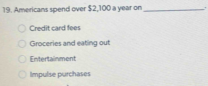 Americans spend over $2,100 a year on_
.
Credit card fees
Groceries and eating out
Entertainment
Impulse purchases