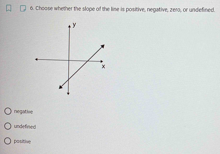 Choose whether the slope of the line is positive, negative, zero, or undefined.
negative
undefined
positive