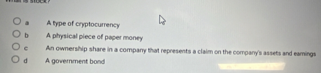 i5 Stöck
a A type of cryptocurrency
b A physical piece of paper money
c An ownership share in a company that represents a claim on the company's assets and earnings
d A government bond