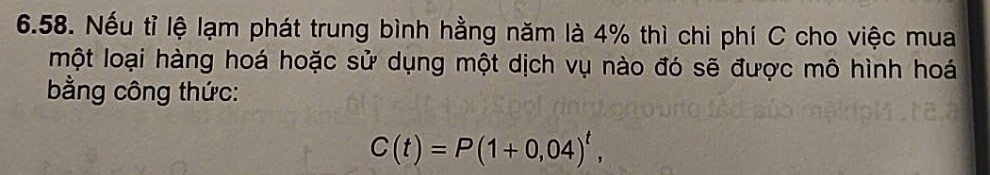 Nếu tỉ lệ lạm phát trung bình hằng năm là 4% thì chi phí C cho việc mua 
một loại hàng hoá hoặc sử dụng một dịch vụ nào đó sẽ được mô hình hoá 
bằng công thức:
C(t)=P(1+0,04)^t,