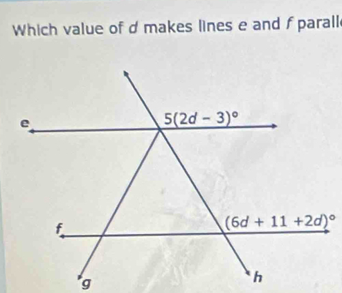 Which value of d makes lines e and f parall